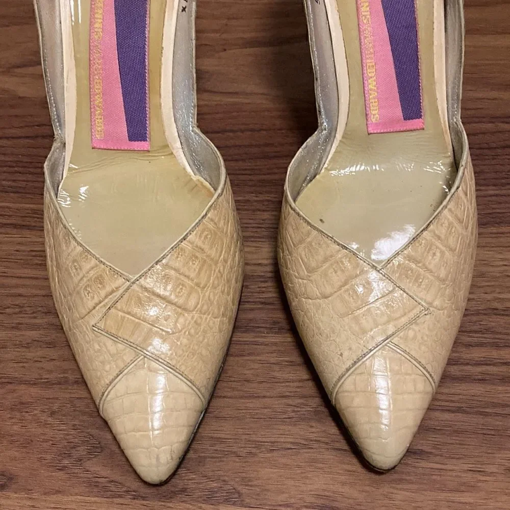 Susan Bennis Warren Edwards Handmade D’Orsay Pumps in Beige Embossed Leather.